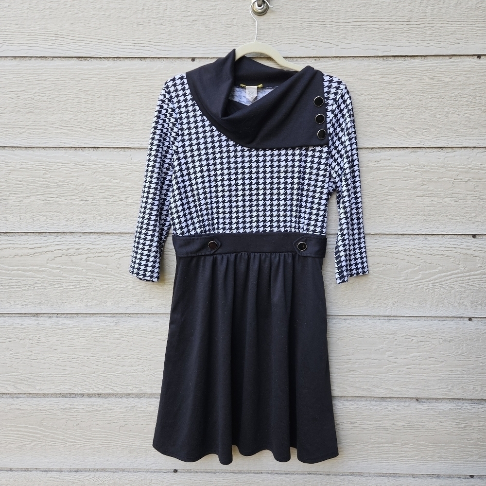 Modcloth Yellow Star black and houndstooth 3/4 sleeve dress large